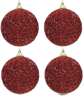 Decoris 4x Kerst rode glitter kralen kerstballen 8 cm kunststof Rood