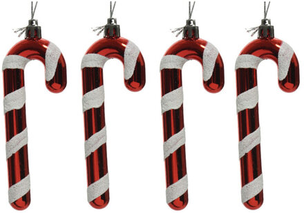 Decoris 4x Kerstboomhangers rood/witte zuurstokken 12 cm kerstversiering