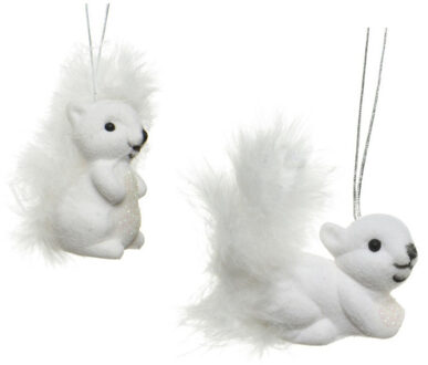 Decoris 4x Kerstboomhangers witte eekhoorns 6 cm kerstversiering - Witte kerstversiering/boomversiering