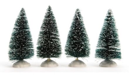Decoris 4x Kerstdorp onderdelen miniatuur boompjes met sneeuw 10 cm