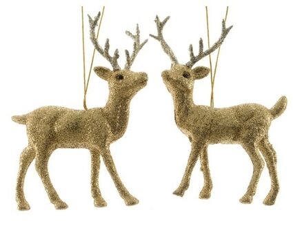 Decoris 4x Kersthangers figuurtjes hert goud met glitters 12,5 cm