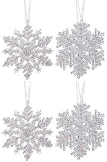 Decoris 4x Kersthangers figuurtjes zilveren sneeuwvlok/ster 12 cm glitter - Sneeuw thema kerstboomhangers - Kerstboomversieringen koper