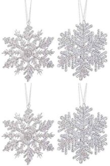 Decoris 4x Kersthangers figuurtjes zilveren sneeuwvlok/ster 12cm glitter