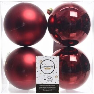 Decoris 4x Kunststof kerstballen glanzend/mat donkerrood 10 cm kerstboom versiering/decoratie - Kerstbal