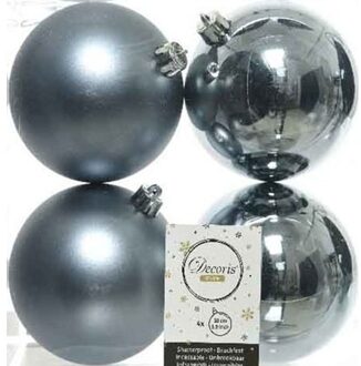 Decoris 4x Kunststof kerstballen glanzend/mat grijsblauw 10 cm kerstboom versiering/decoratie - Kerstbal