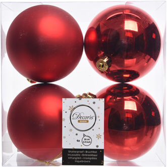 Decoris 4x Kunststof kerstballen glanzend/mat kerst rood 10 cm kerstboom versiering/decoratie - Kerstbal