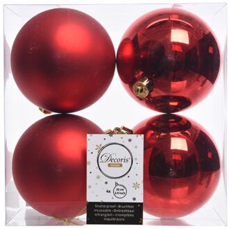 Decoris 4x Kunststof kerstballen glanzend/mat kerst rood 10 cm kerstboom versiering/decoratie - Kerstbal