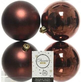 Decoris 4x Kunststof kerstballen glanzend/mat mahonie bruin 10 cm kerstboom versiering/decoratie - Kerstbal