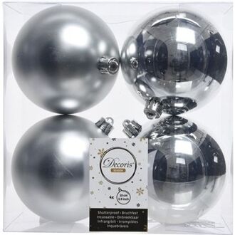 Decoris 4x Kunststof kerstballen glanzend/mat zilver 10 cm kerstboom versiering/decoratie - Kerstbal Zilverkleurig