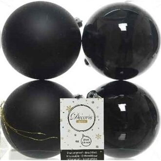 Decoris 4x Kunststof kerstballen glanzend zwart 10 cm kerstboom versiering - Kerstbal