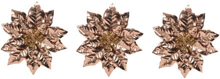 Decoris 4x stuks decoratie bloemen kerstster koper glitter op clip 24 cm - Kunstbloemen Bruin