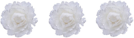Decoris 4x stuks decoratie bloemen wit met veertjes op clip 11 cm - Kunstbloemen