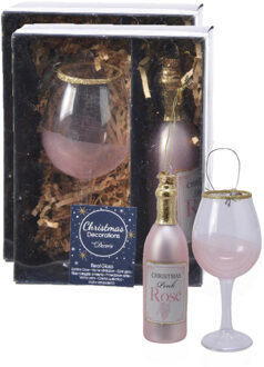 Decoris 4x stuks glazen kersthangers wijnflessen met wijnglazen lichtroze kerstornamenten