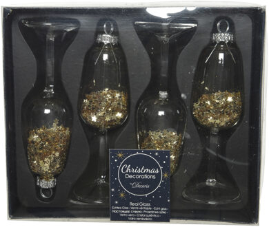 Decoris 4x stuks glazen kersthangers wijnglazen goud kerstornamenten