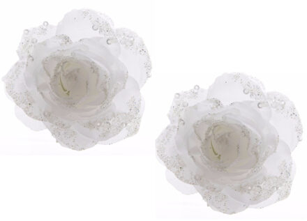 Decoris 4x stuks kerstboom decoratie rozen bloemen winter wit 14 cm - Kersthangers