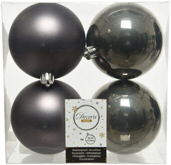 Decoris 4x stuks kunststof kerstballen antraciet (warm grey) 10 cm glans/mat - Kerstbal Grijs