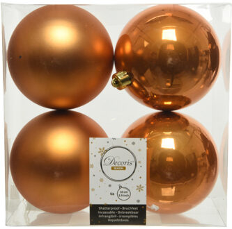 Decoris 4x stuks kunststof kerstballen cognac bruin (amber) 10 cm glans/mat - Kerstbal