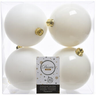 Decoris 4x stuks kunststof kerstballen wol wit 10 cm glans/mat - Kerstbal Crème