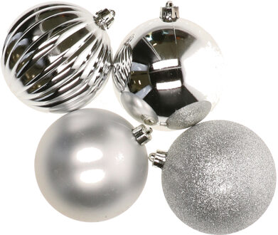 Decoris 4x stuks kunststof kerstballen zilver 10 cm - Kerstbal Zilverkleurig