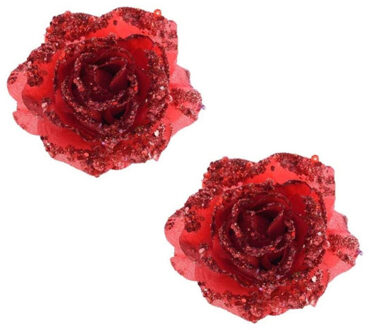 Decoris 4x stuks rode glitter rozen met clip - Kunstbloemen Rood