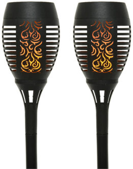 Decoris 4x stuks solar tuinfakkel zwart met vlameffect 49 cm