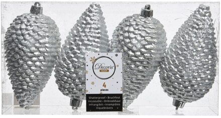 Decoris 4x Zilveren dennenappels kerstballen 12 cm kunststof glitter - Kersthangers Zilverkleurig