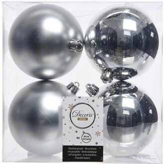 Decoris 4x Zilveren kerstballen 10 cm kunststof mat/glans