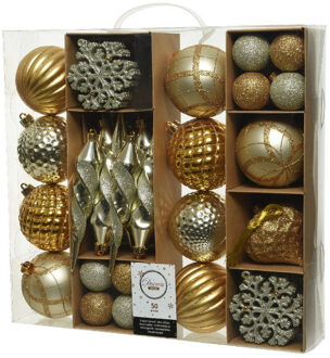 Decoris 50x Kunststof kerstballen mix goud 4-8-15 cm kerstboom versiering/decoratie - Kerstbal Goudkleurig