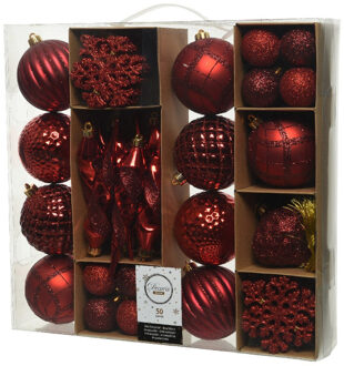 Decoris 50x Kunststof kerstballen mix rood 4-8-15 cm kerstboom versiering/decoratie - Kerstbal