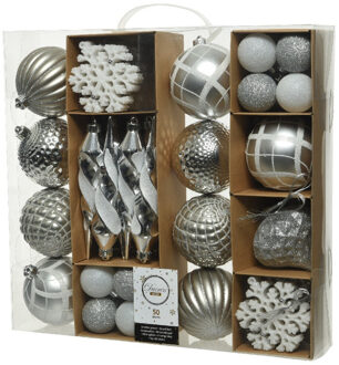 Decoris 50x Kunststof kerstballen mix zilver 4-8-15 cm kerstboom versiering/decoratie - Kerstbal Zilverkleurig