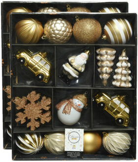 Decoris 50x stuks kerstballen en kersthangers figuurtjes goud met wit kunststof