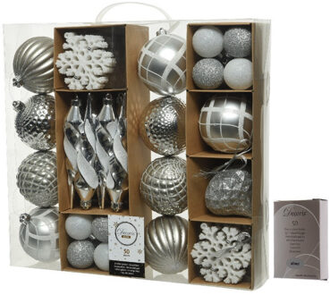 Decoris 50x Zilveren kerstballen en figuren 4-8-15 cm kunststof mix incl. ophanghaakjes - Kerstbal Zilverkleurig