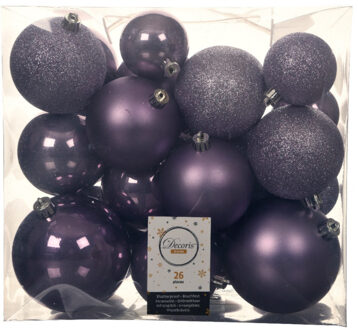 Decoris 52x stuks kunststof kerstballen heide lila paars 6-8-10 cm glans/mat/glitter