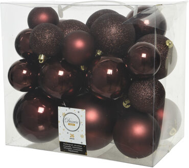 Decoris 52x stuks kunststof kerstballen mahonie bruin 6-8-10 cm glans/mat/glitter