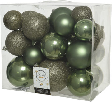 Decoris 52x stuks kunststof kerstballen mos groen 6-8-10 cm glans/mat/glitter
