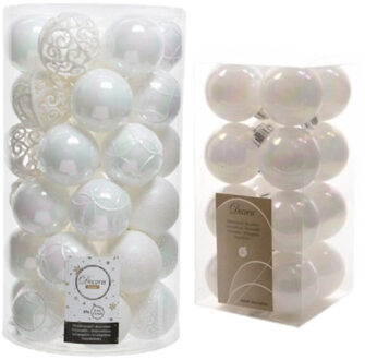 Decoris 53x stuks kunststof kerstballen parelmoer wit 4 en 6 cm glans/mat/glitter mix
