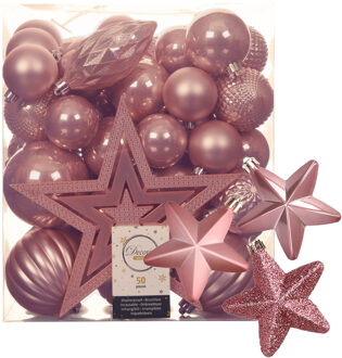 Decoris 56x stuks kunststof kerstballen en ornamenten met ster piek lichtroze