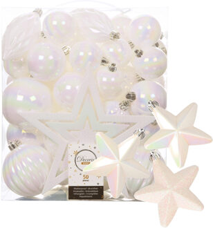 Decoris 56x stuks kunststof kerstballen en ornamenten met ster piek parelmoer wit
