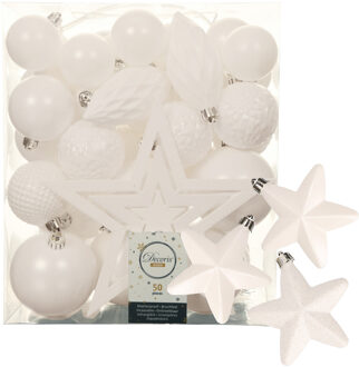 Decoris 56x stuks kunststof kerstballen en ornamenten met ster piek wit