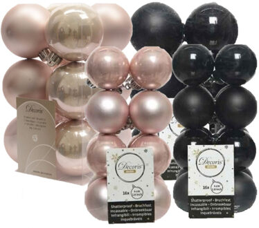 Decoris 56x stuks kunststof kerstballen zwart en lichtroze 4 en 6 cm - Kerstbal Multikleur