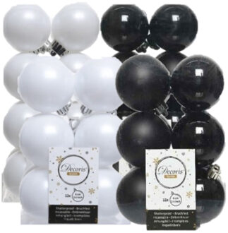 Decoris 56x stuks kunststof kerstballen zwart en wit 4 en 6 cm