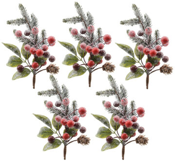 Decoris 5x Kerststukje instekertjes met bessen en sneeuw groen/rood 20 cm - Kerststukjes
