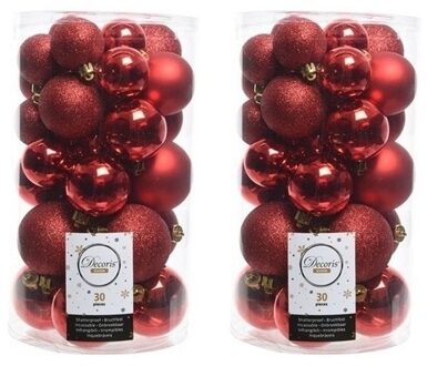 Decoris 60x Kunststof kerstballen glanzend/mat/glitter rode kerstboom versiering/decoratie - Kerstbal Rood