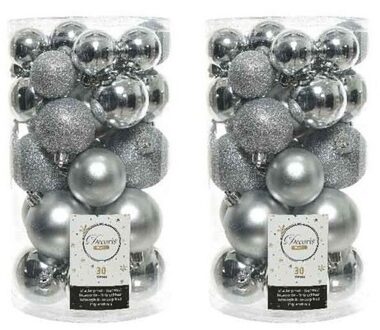 Decoris 60x Kunststof kerstballen glanzend/mat/glitter zilver kerstboom versiering/decoratie - Kerstbal Zilverkleurig