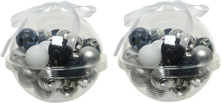 Decoris 60x stuks kleine kunststof kerstballen donkerblauw/wit/zilver 3 cm