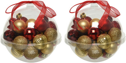 Decoris 60x stuks kleine kunststof kerstballen rood/donkerrood/goud 3 cm