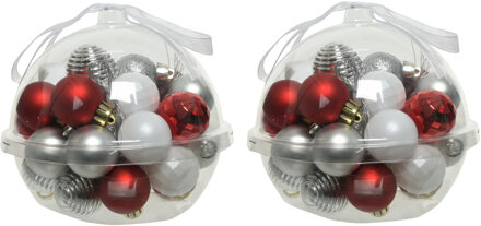 Decoris 60x stuks kleine kunststof kerstballen rood/wit/zilver 3 cm