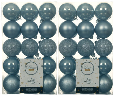 Decoris 60x stuks kunststof kerstballen lichtblauw 6 cm glans/mat/glitter