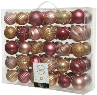 Decoris 60x stuks kunststof kerstballen roze/bruin mix 6 en 7 cm - Kerstbal Multikleur