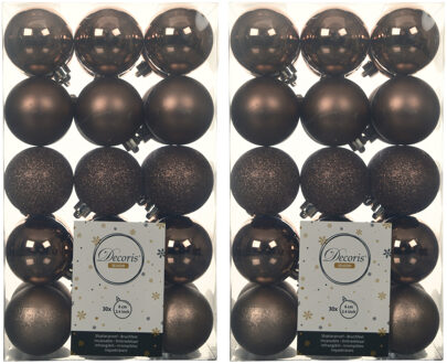 Decoris 60x stuks kunststof kerstballen walnoot bruin 6 cm glans/mat/glitter
